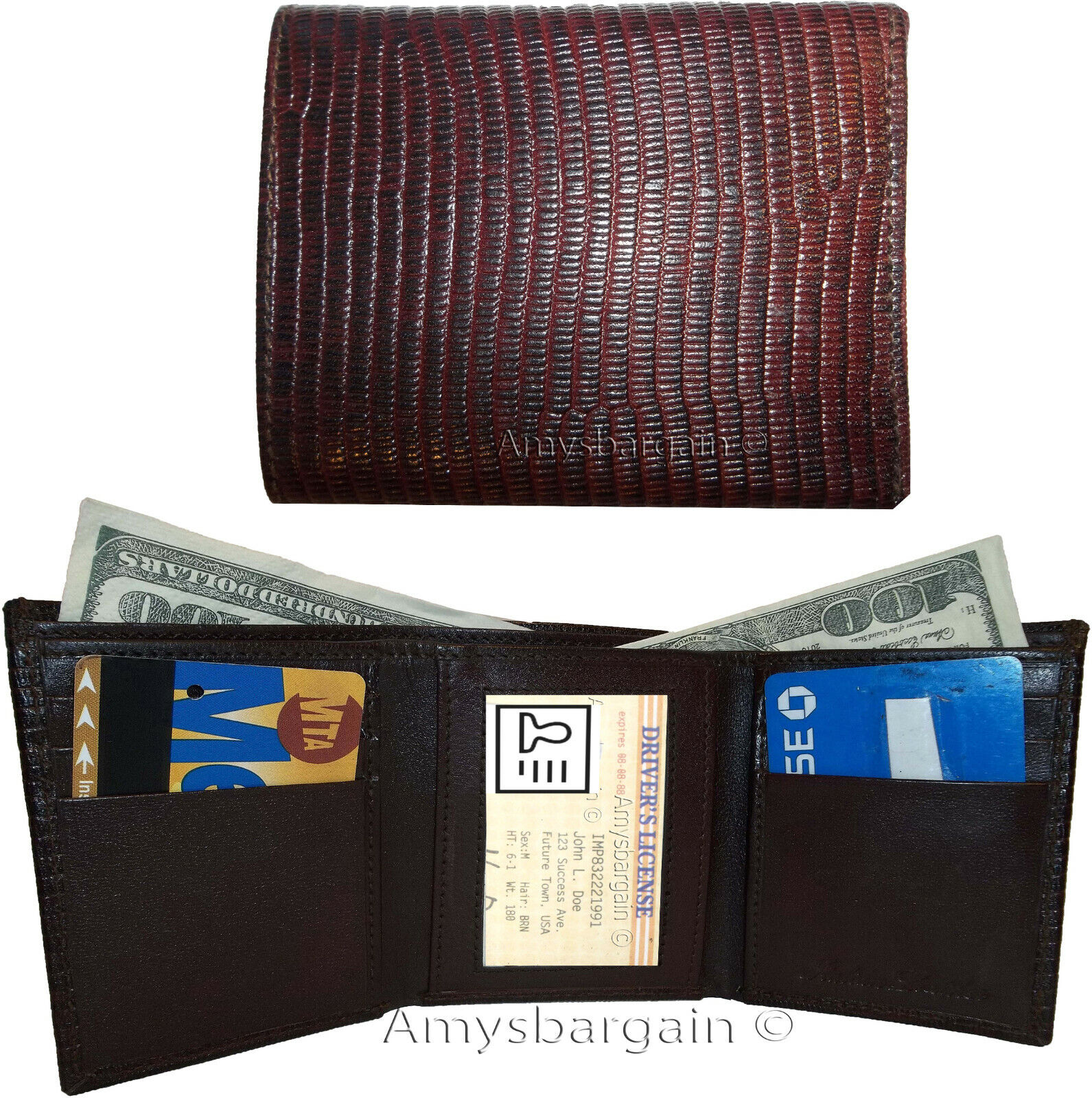 Lot of 2 Lizard skin Printed Real Leather wallet Man's Brown Trifold wallet new