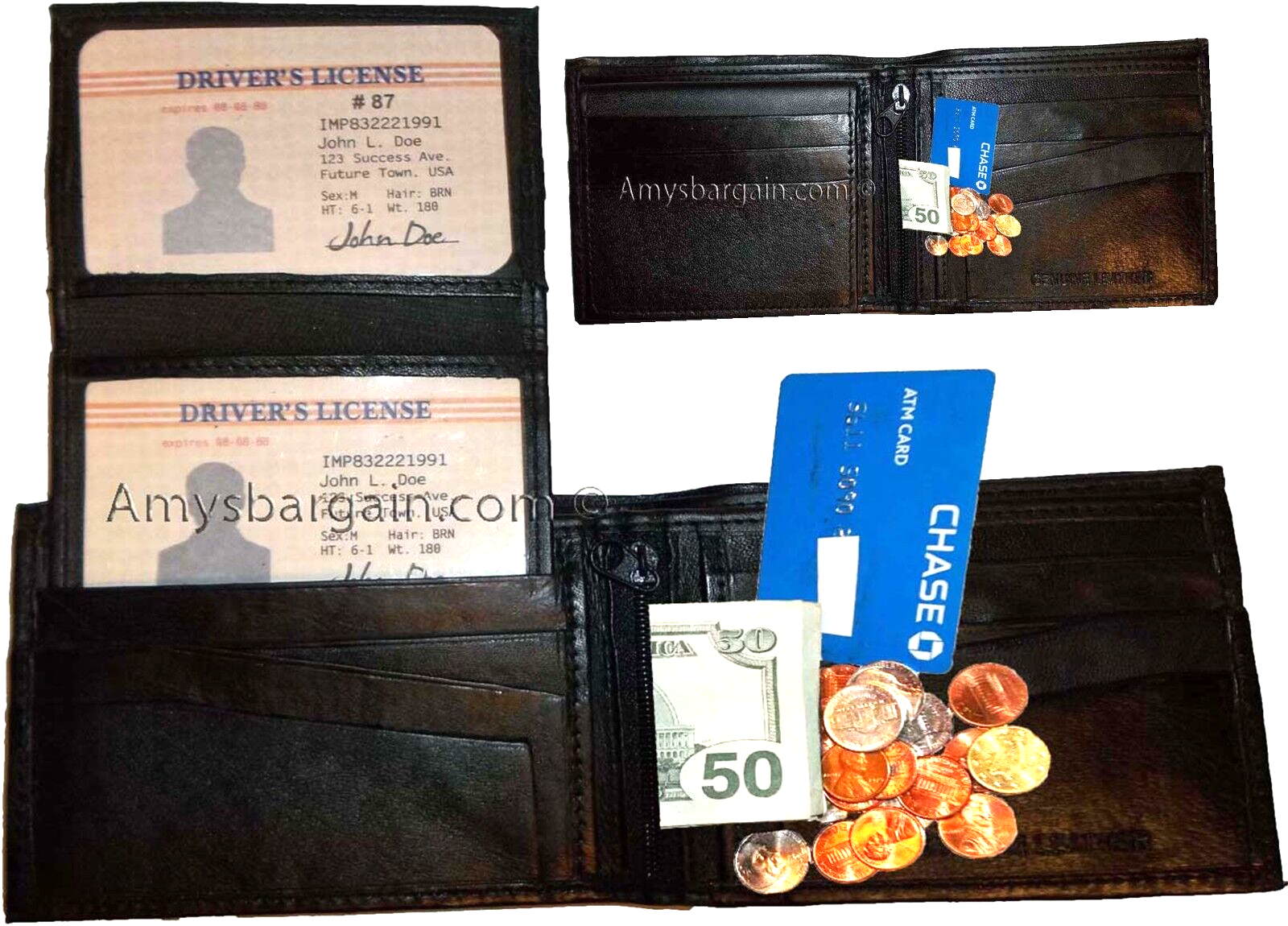 Lot of 2 Men's Billfold Leather Black wallets, 10 Cardspace 2 IDs Zip coins new