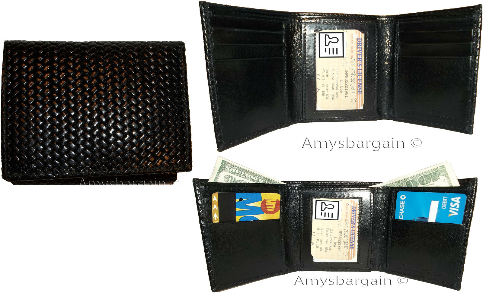 Lot of 3 Italian Style Woven Printed Leather Man's Black Trifold walletI ID new