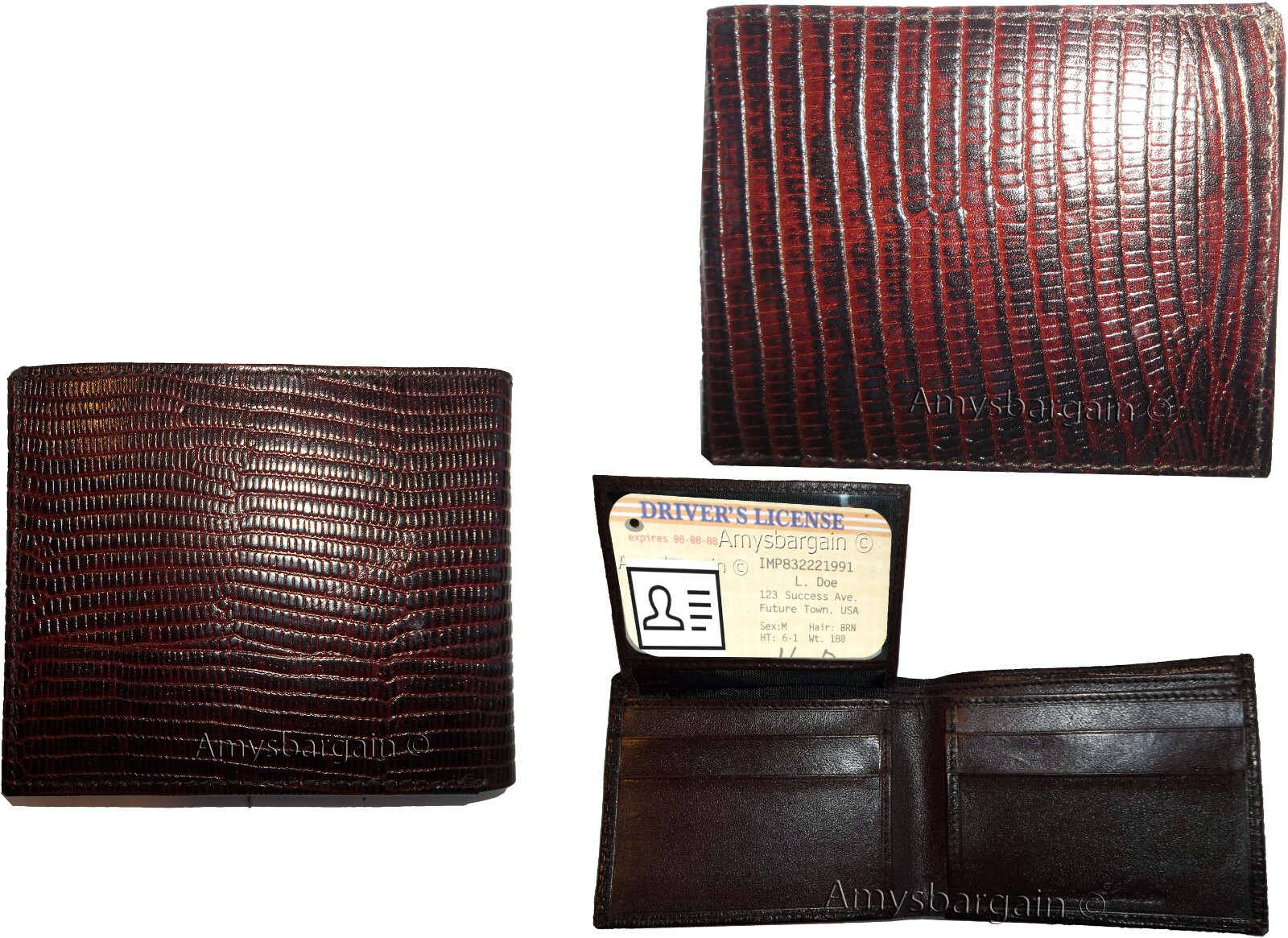 Lot of 5 Lizard Skin Printed Leather Man's Brown billfold wallet 6 cards ID new - Image 3