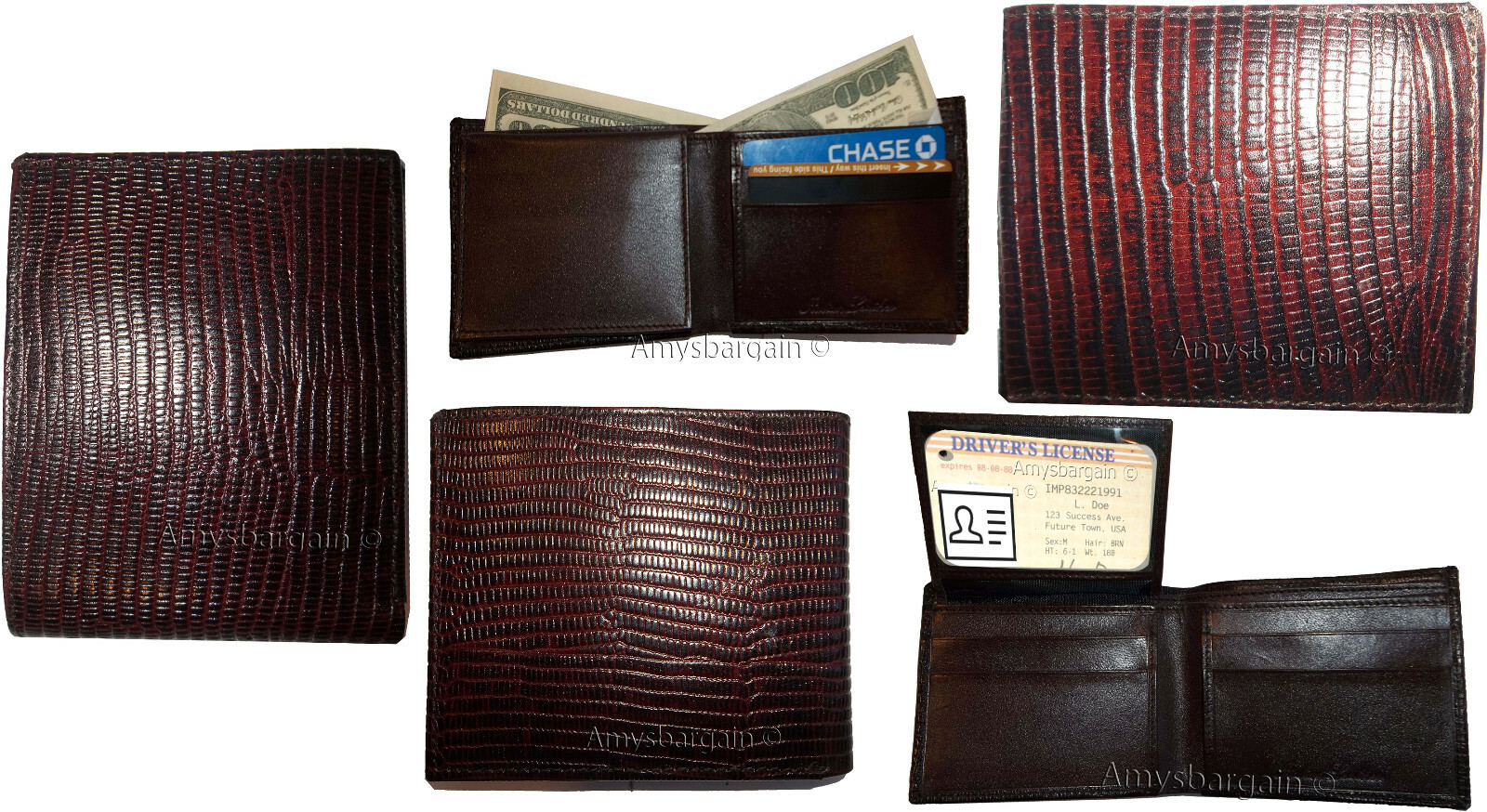 Lot of 5 Lizard Skin Printed Leather Man's Brown billfold wallet 6 cards ID new