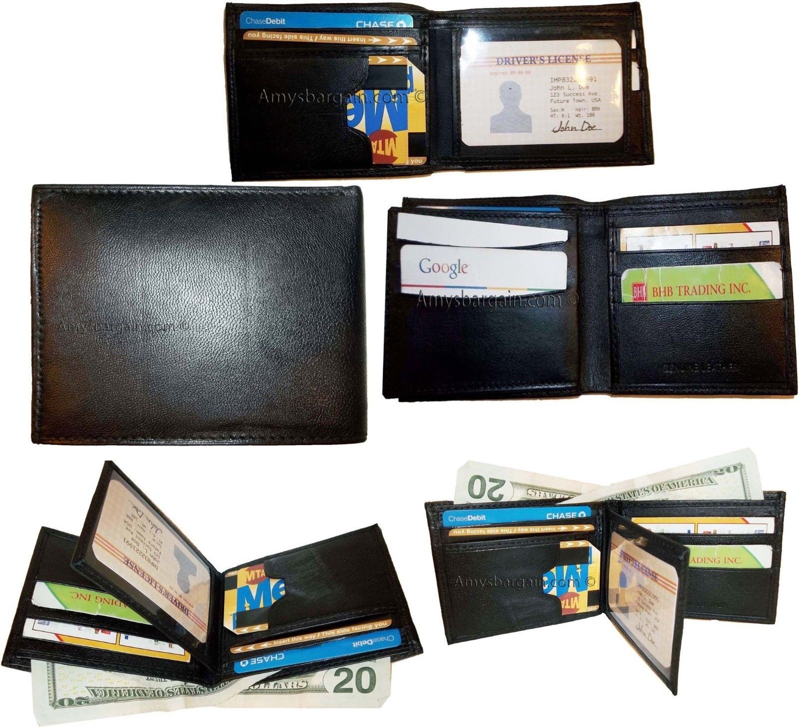 Lot of 5 New man's leather Black bi fold wallet 12 credit cards 2 bill slots ID