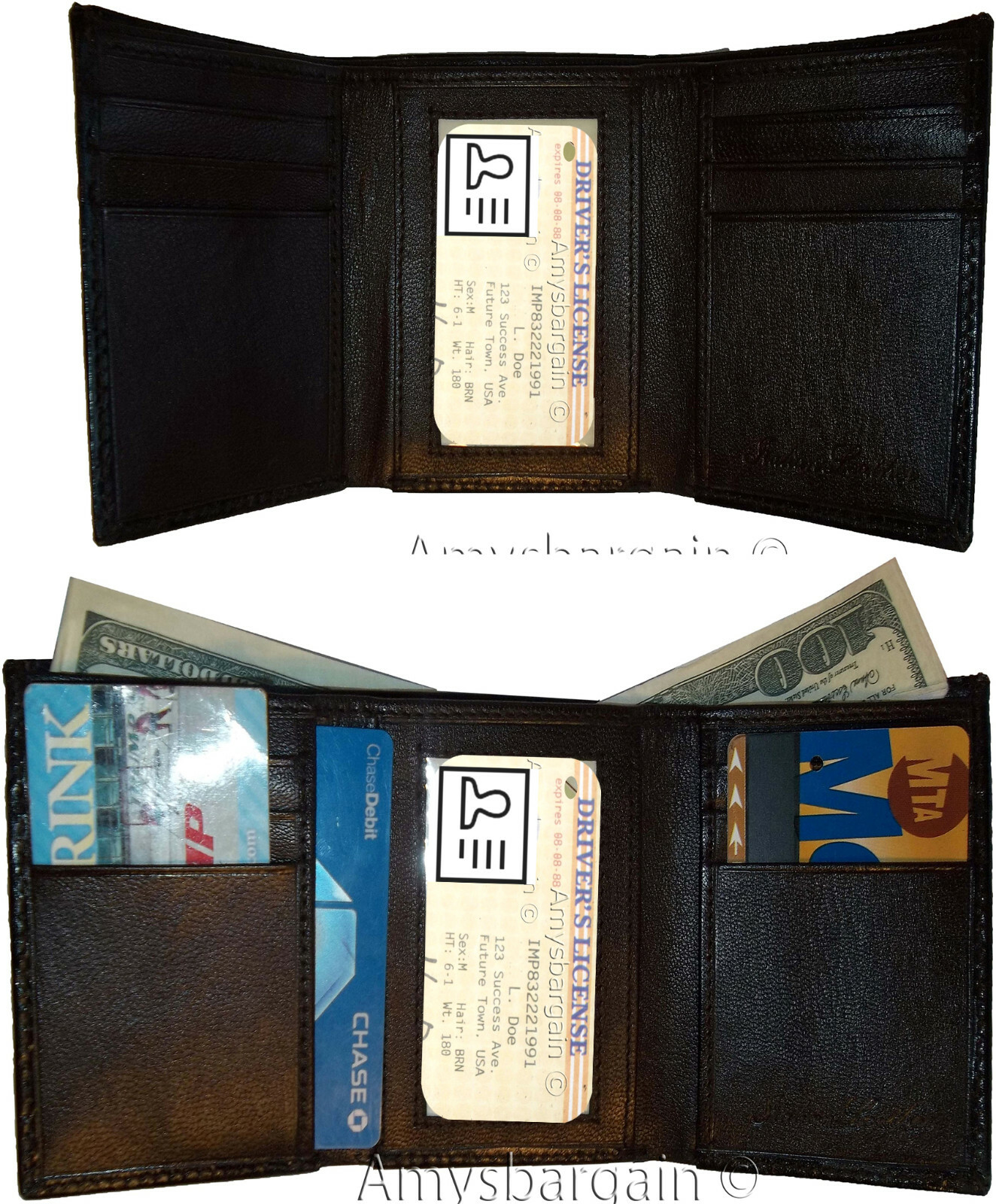 Man's Trifold Leather wallet Brown Crocodile skin Printed 2 billfolds 9 cards - Image 12