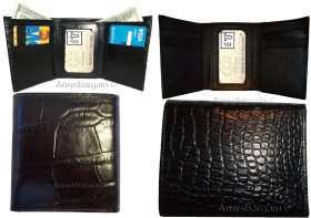 Man's Trifold Leather wallet Brown Crocodile skin Printed 2 billfolds 9 cards