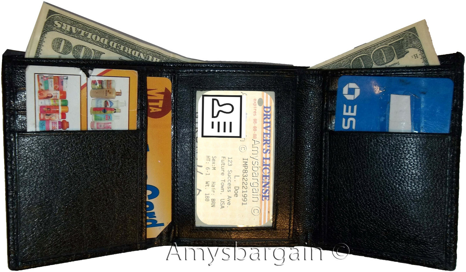 Man's Trifold Leather wallet Brown Crocodile skin Printed 2 billfolds 9 cards - Image 4