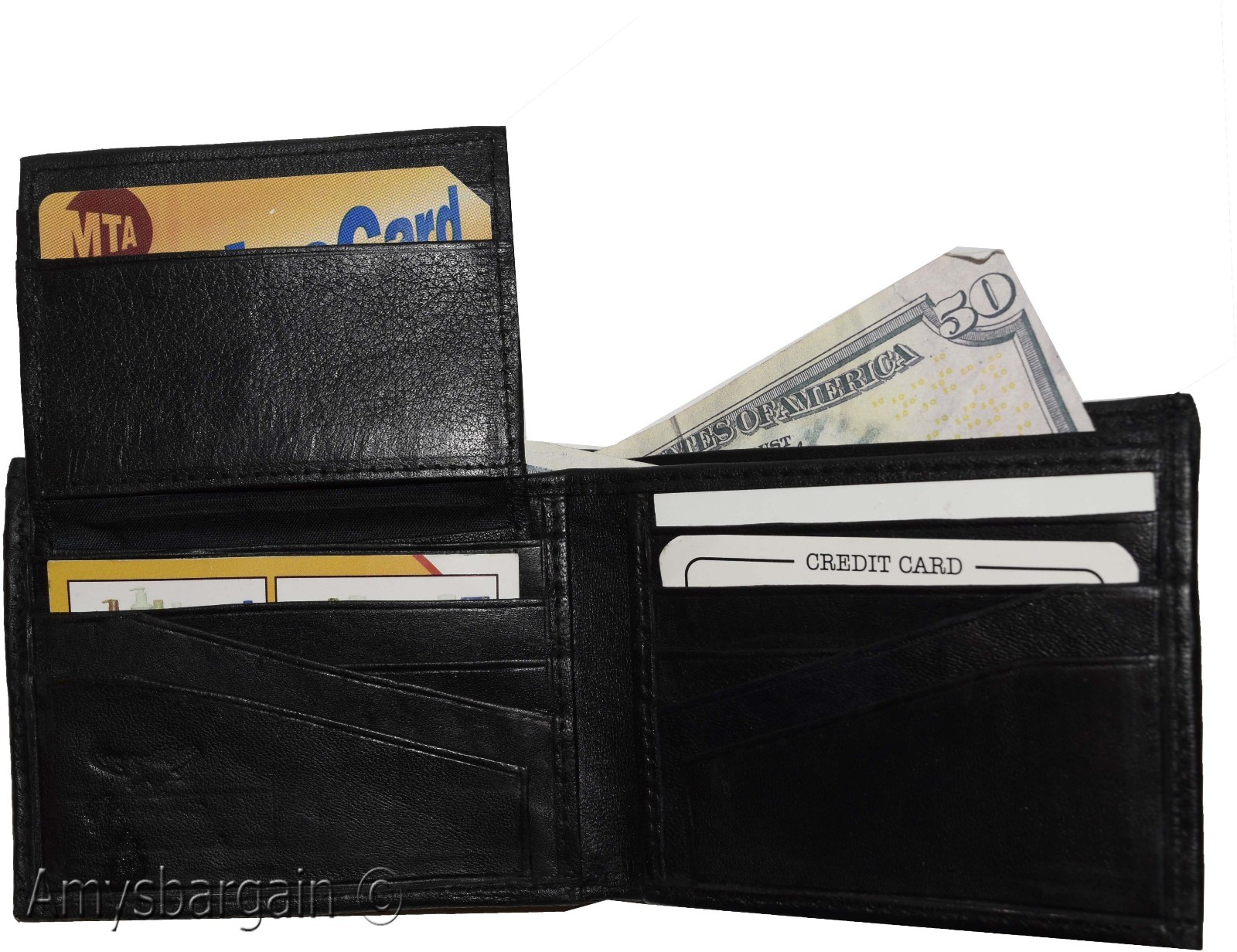 Men's Bifold Black Wallet Genuine Leather 12 Credit Card 2 ID 3 Bill pockets - Image 4