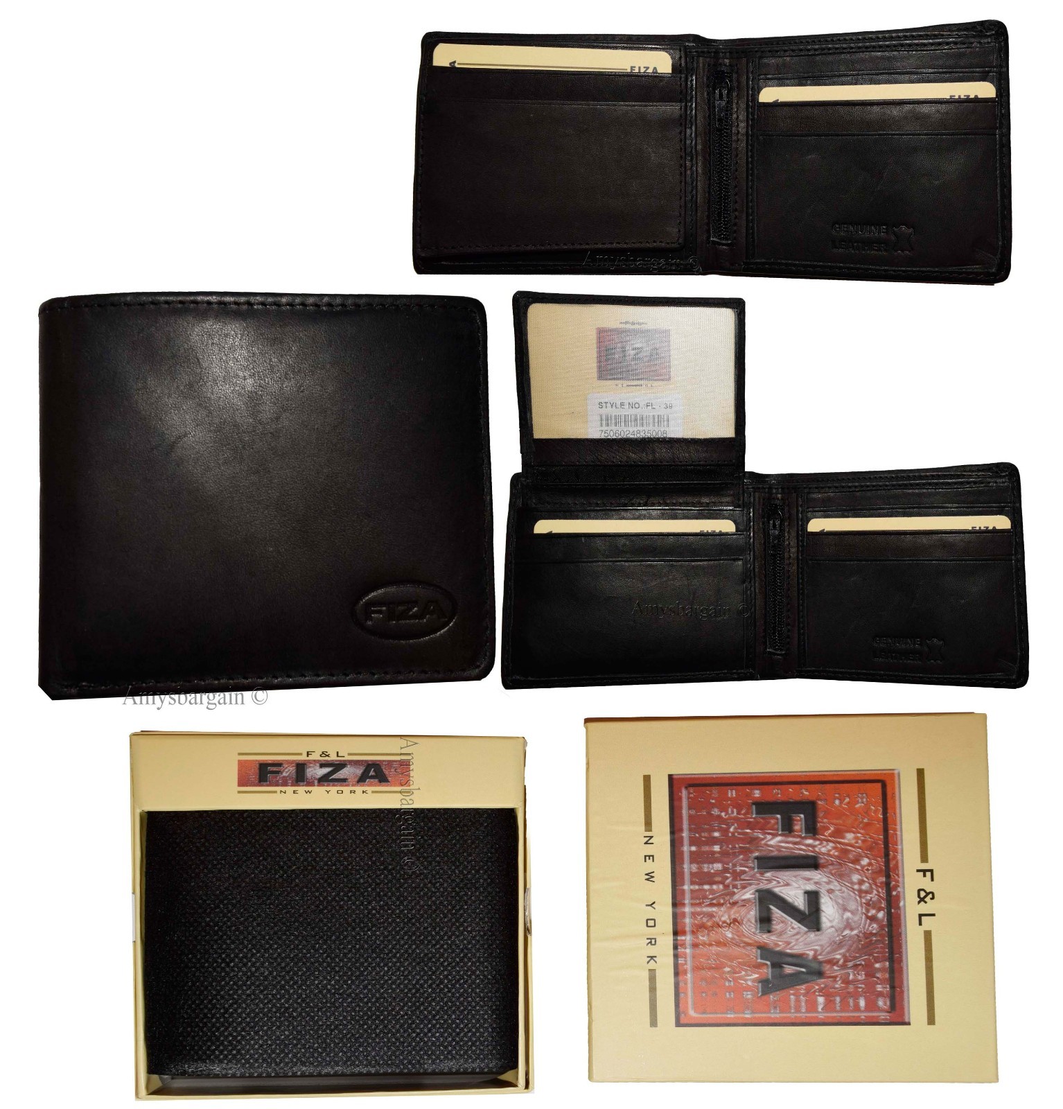 Men's Leather Bifold wallet Zip Pocket 2 Bill slot 9 Card 2 ID Lot of 2 in Box