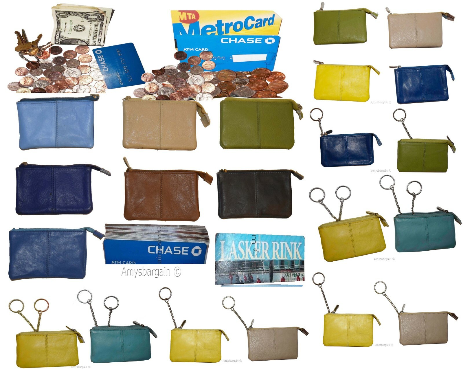 Women's Change Purse Leather mini wallet Card case Zip coin case with key rings