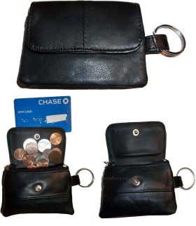 women/men's mini leather change purse key ring coin bag mini wallet black case