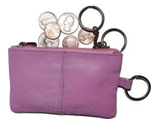 Leather change purse, Coin purse. Zip coin wallet, 2 pocket coin case w/key ring - Image 4