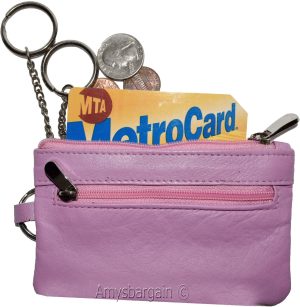 Leather change purse, Coin purse. Zip coin wallet, 2 pocket coin case w/key ring
