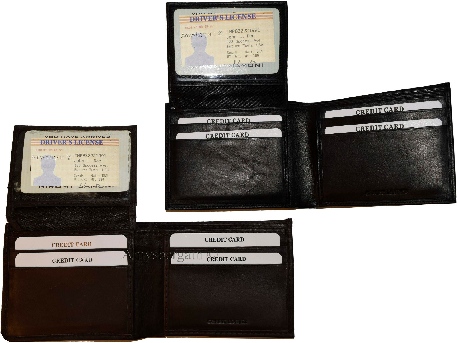 Lot of 2 Men's Bifold Calfskin leather wallet 2 Bill slots 7 card 1 ID Window BN