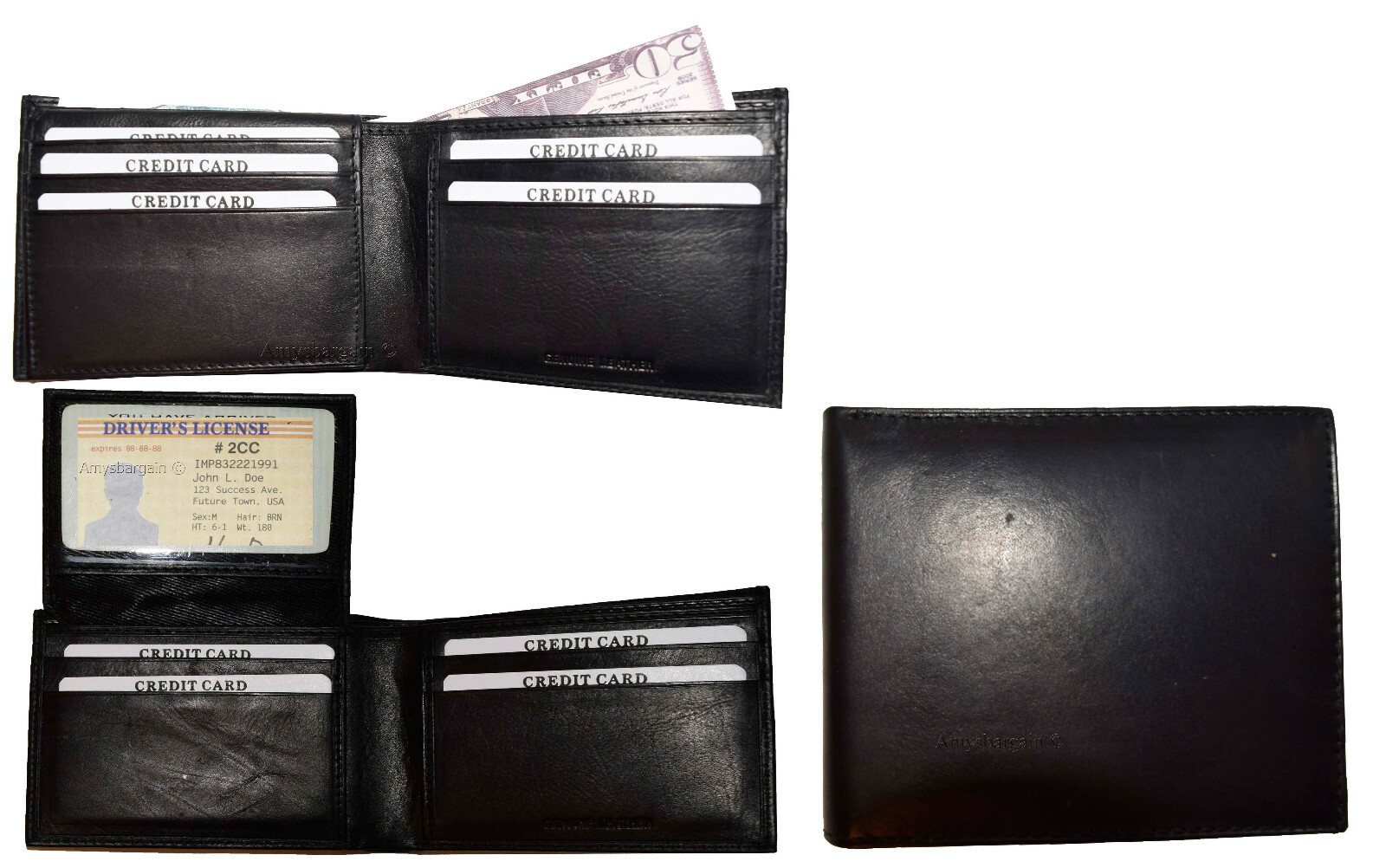 Lot of 2 Men's Black Bifold Calfskin leather 2 Bill slots 7 card 1 ID Window new - Image 11