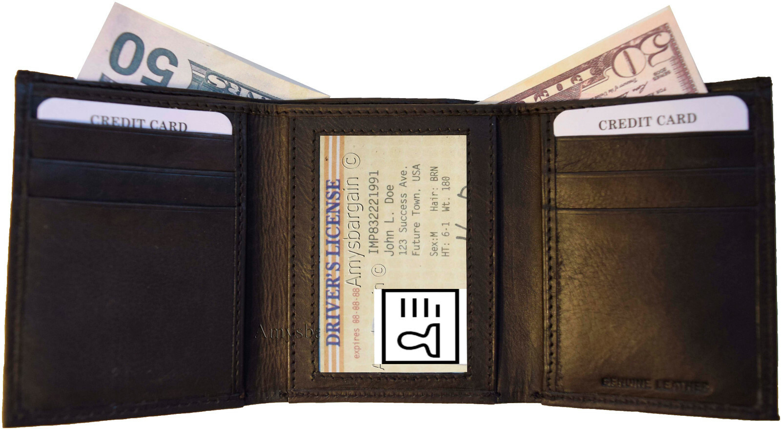Lot of 2 New Men's Brown leather Trifold wallet 6 credit cards 2 bill slots new - Image 5
