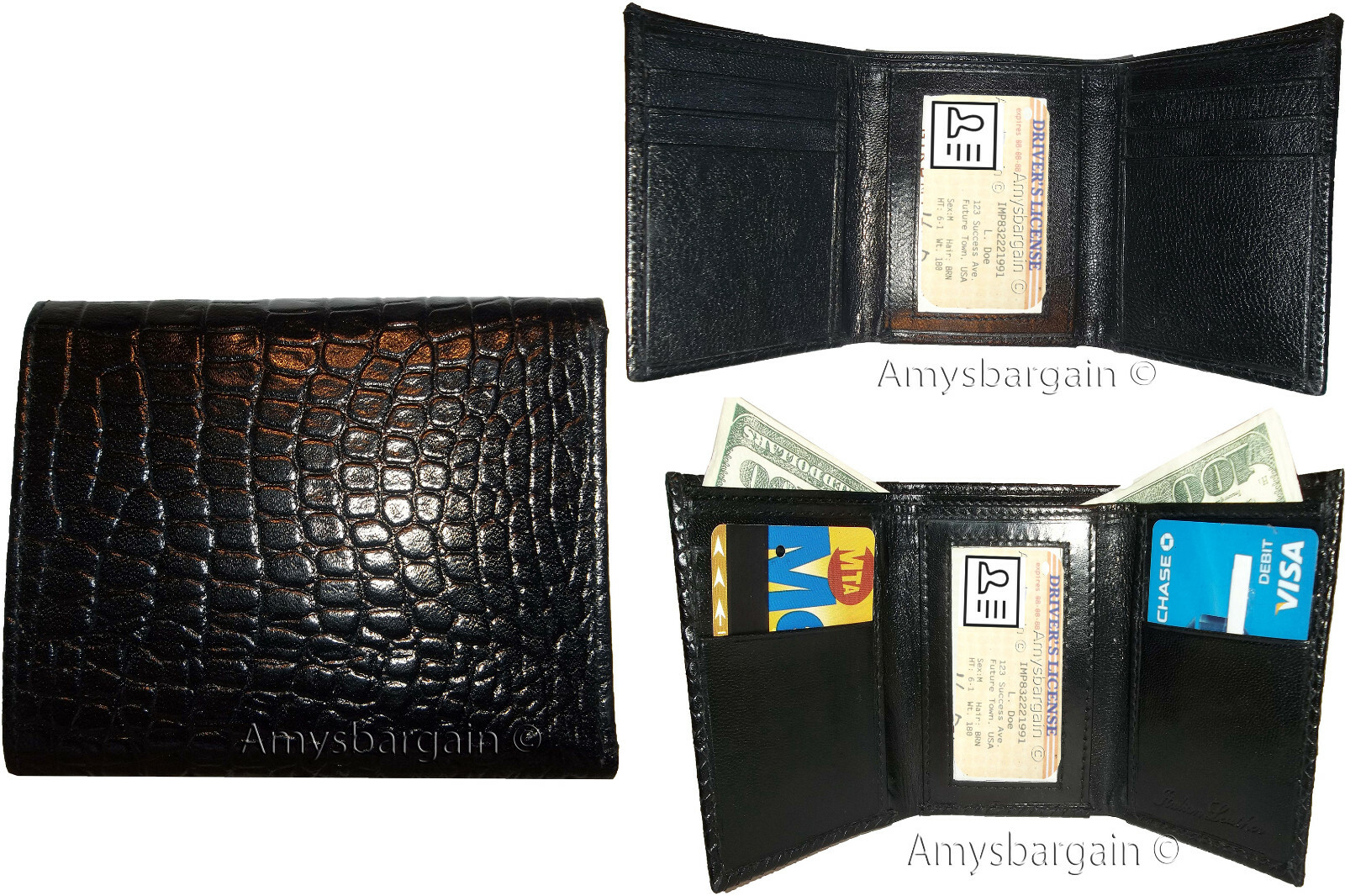 Lot of 3 Italian Style Crocodile Printed Leather Man's Black Trifold wallet BNWT