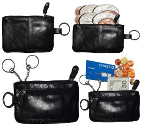 Lot of 4 Leather change purse,Black Zip coin wallet 2 pocket coin case key ring