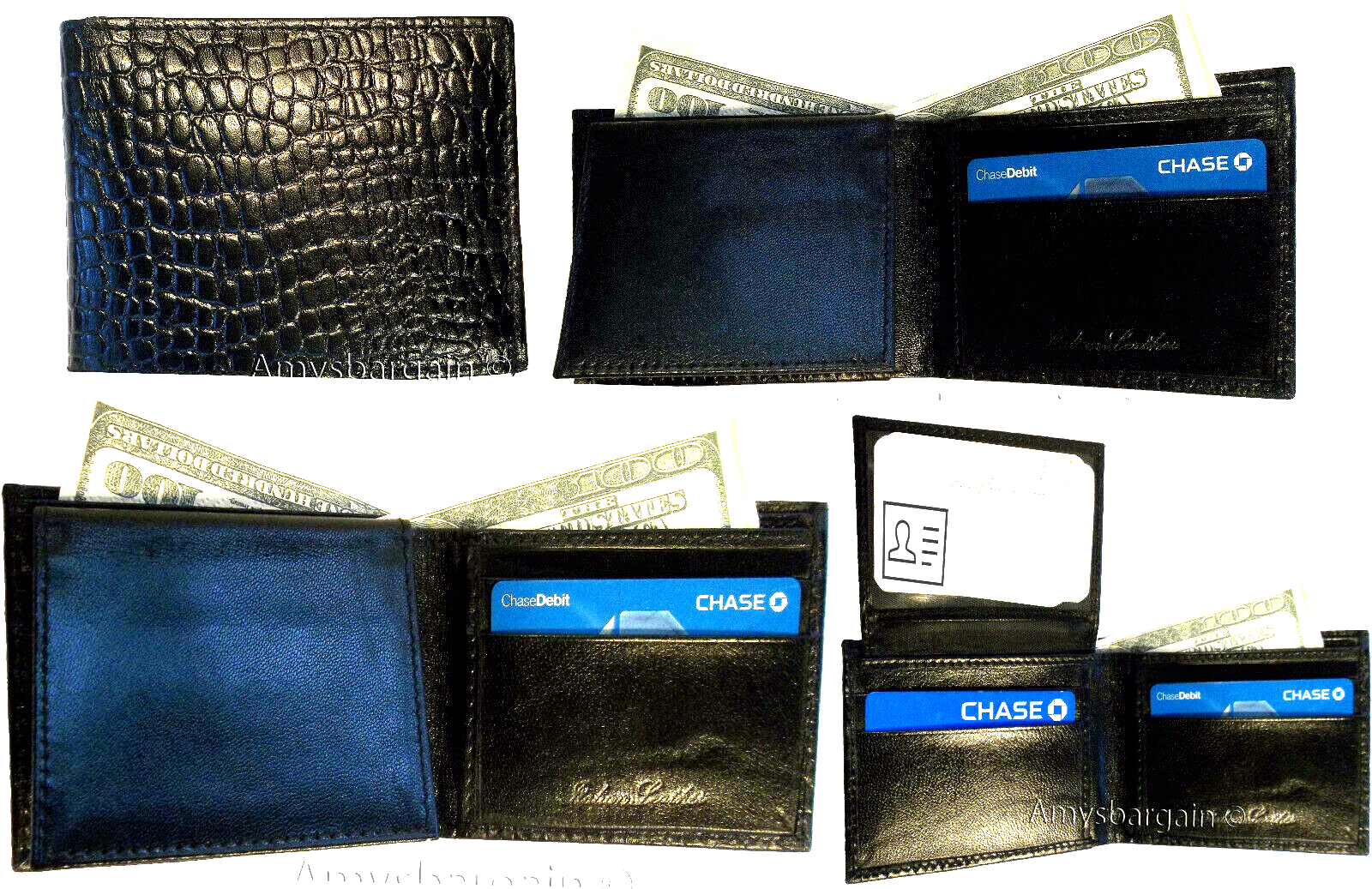 Lot of 4 New Crocodile Skin Printed Leather man's bi fold wallet 6 cards ID BNWT