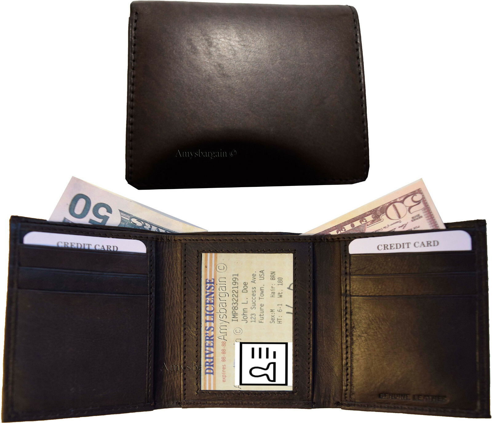 Lot of 4 New Men's Brown leather Trifold wallet 1 ID 6 card 2 bill slots - Image 12