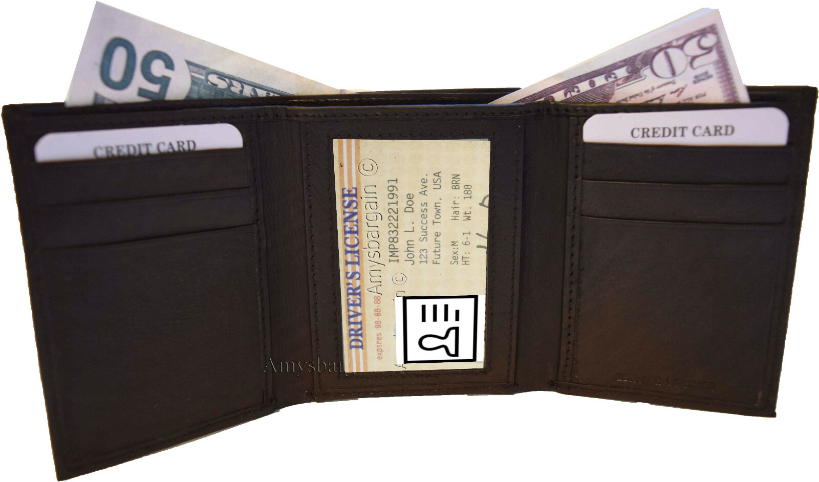 Lot of 4 New Men's Brown leather Trifold wallet 1 ID 6 card 2 bill slots - Image 4