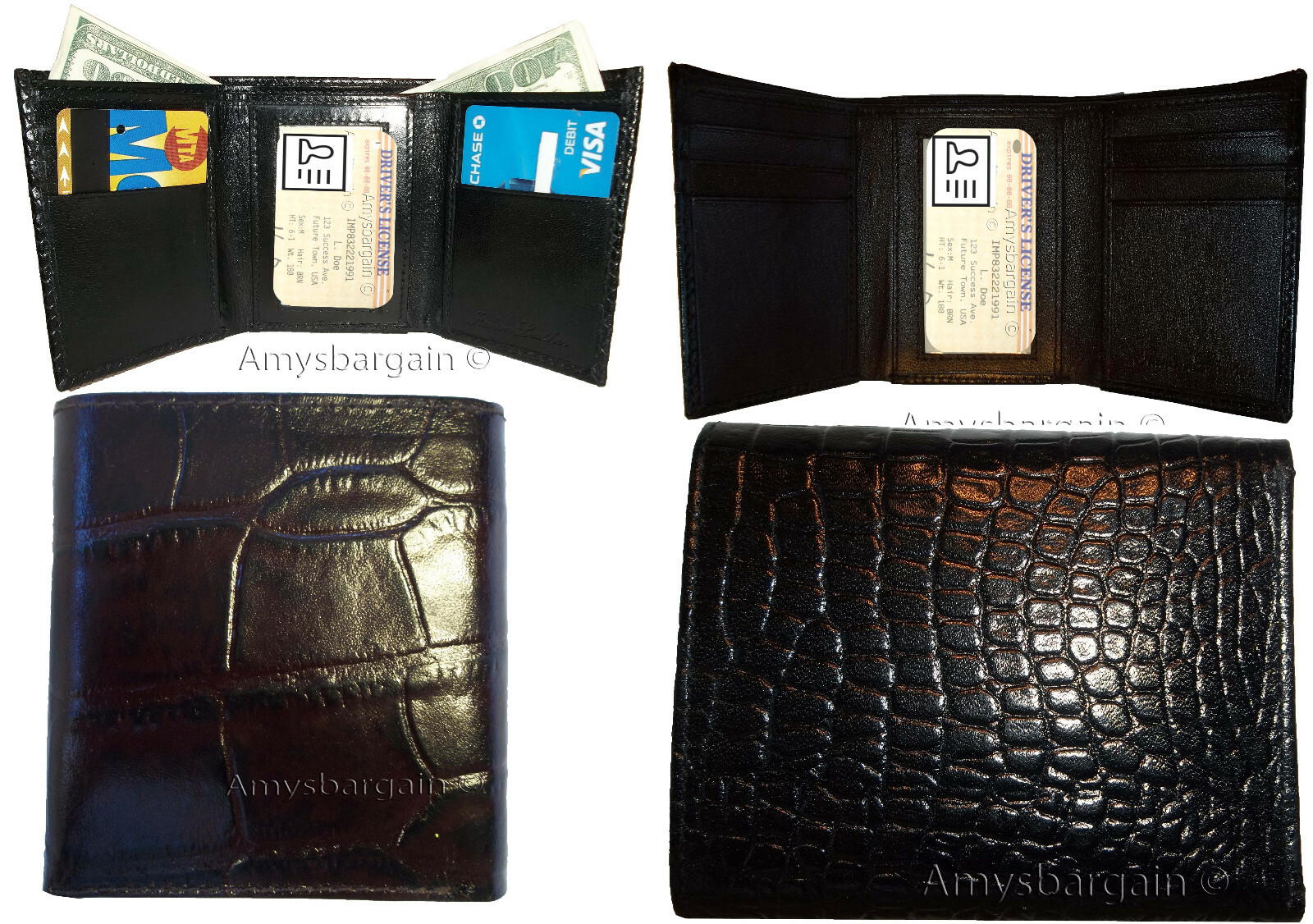 Lot of 6 Crocodile skin Printed Leather Man's Brown Trifold wallet ID window - Image 11