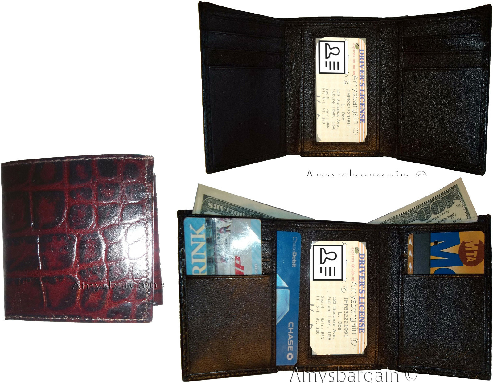 Lot of 6 Crocodile skin Printed Leather Man's Brown Trifold wallet ID window - Image 7