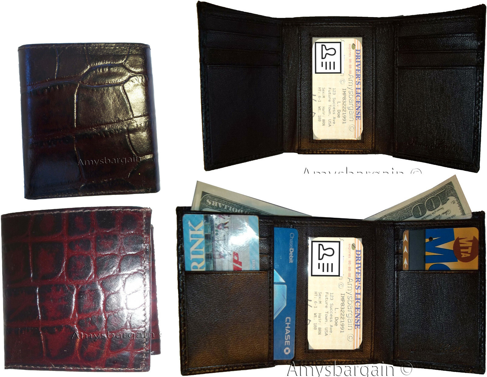 Lot of 6 Crocodile skin Printed Leather Man's Brown Trifold wallet ID window - Image 8