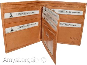 Men's Genuine Leather Bifold Wallet, Tan Center-piece Hipster Credit Card case - Image 11