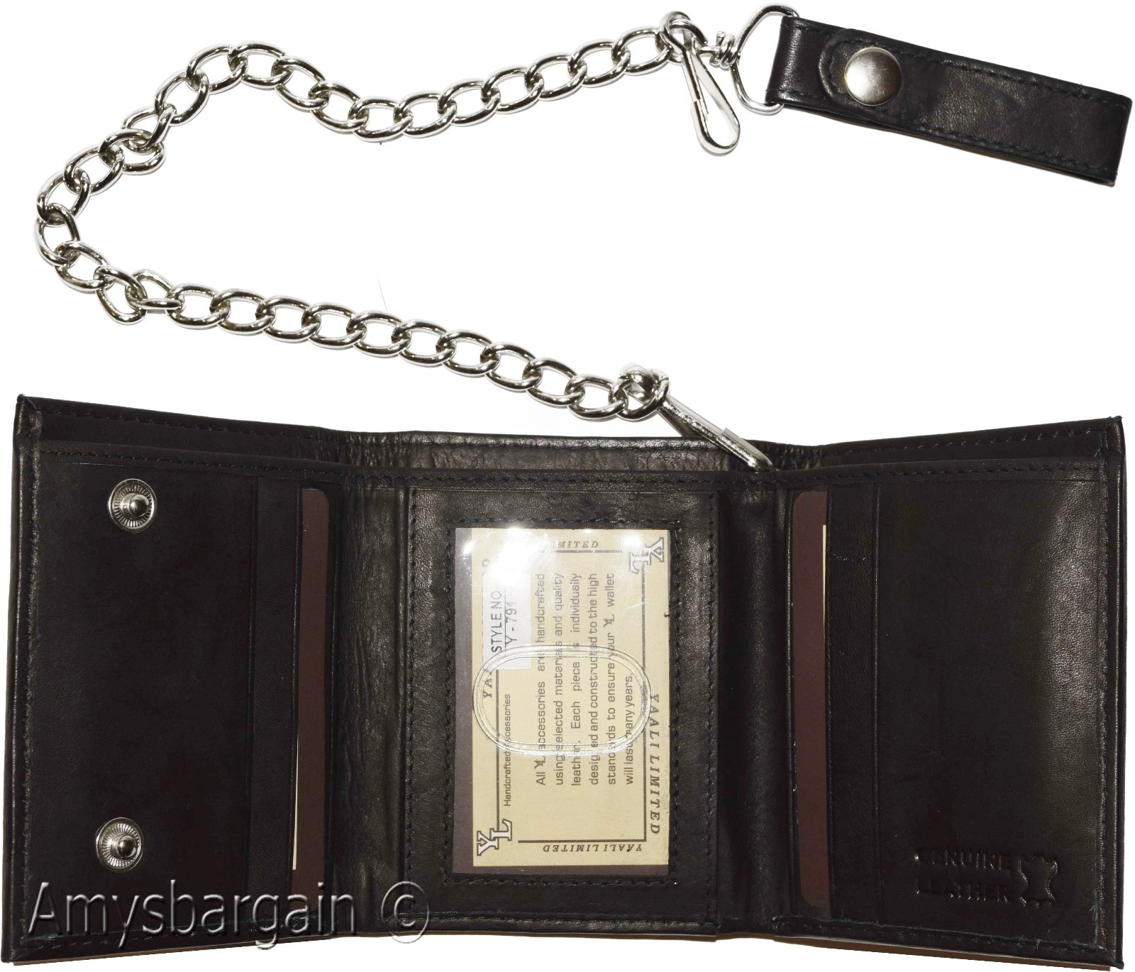 Men's genuine leather trifold chain wallet motorcycle trucker biker black wallet - Image 3