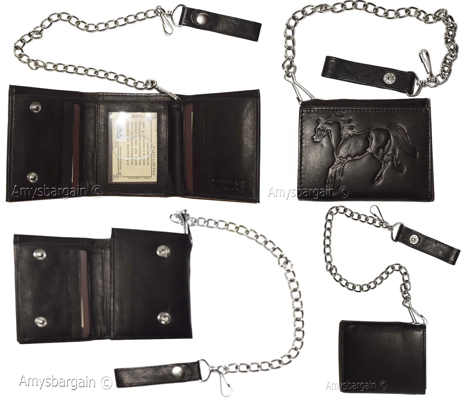 Men's genuine leather trifold chain wallet motorcycle trucker biker black wallet
