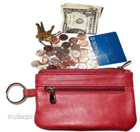 New Leather change purse, Red Zip coin wallet, 2 pocket coin case w/key ring NWT
