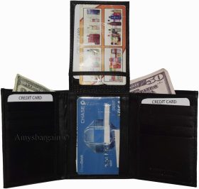 New Men's Trifold Leather Wallet 3 ID center piece Black 2 bill spaces wallet