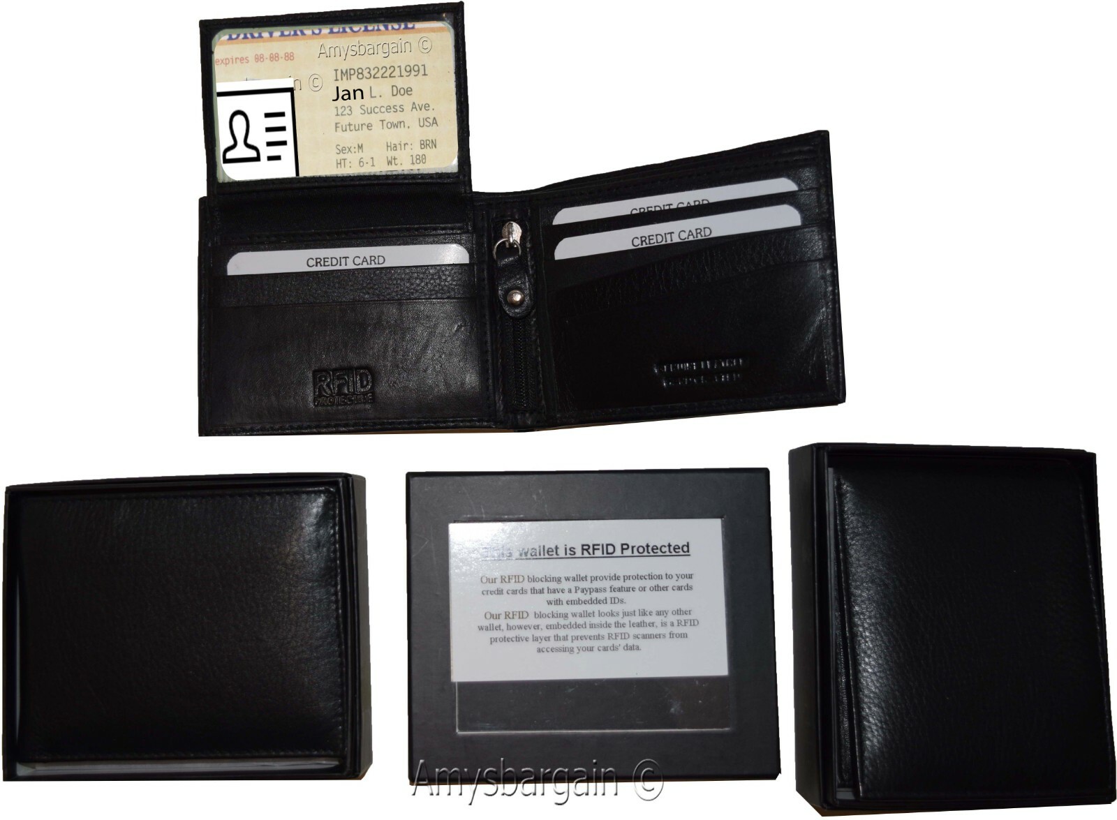 rfid men's leather wallet bifold genuine leather 3 billfold 2 id new in box - Image 7