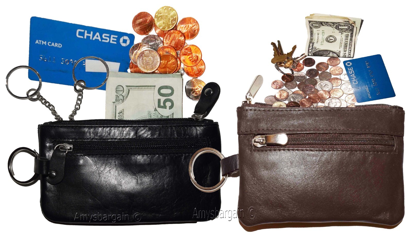 women's leather change purse zip coin wallet coin purse 2 pockets purse key ring - Image 5