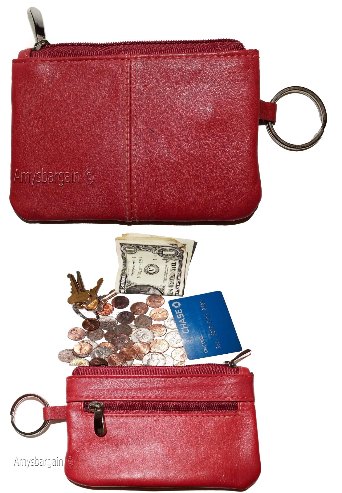 women's leather change purse zip coin wallet coin purse 2 pockets purse key ring - Image 6